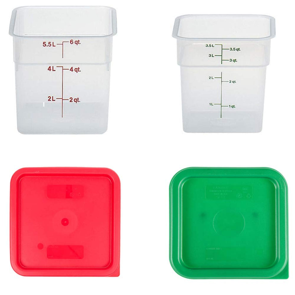 Cambro translucent square containers with lids in 4 qt and 6 qt sizes for organized storage and transport.