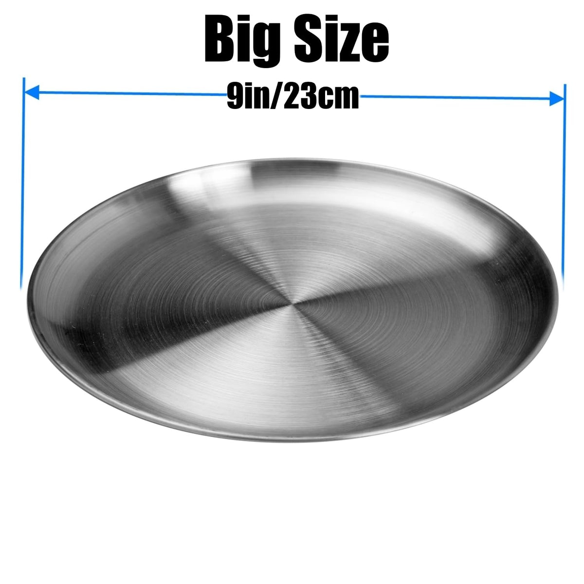 CAMBUY durable dinner plate in polished steel for salads, pizzas, and entrees.