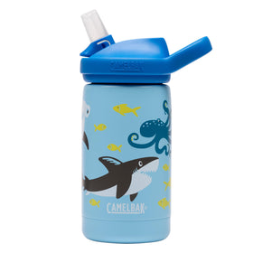 CamelBak Eddy+ Kids 12oz insulated bottle with sharks design for mess-free hydration at school.