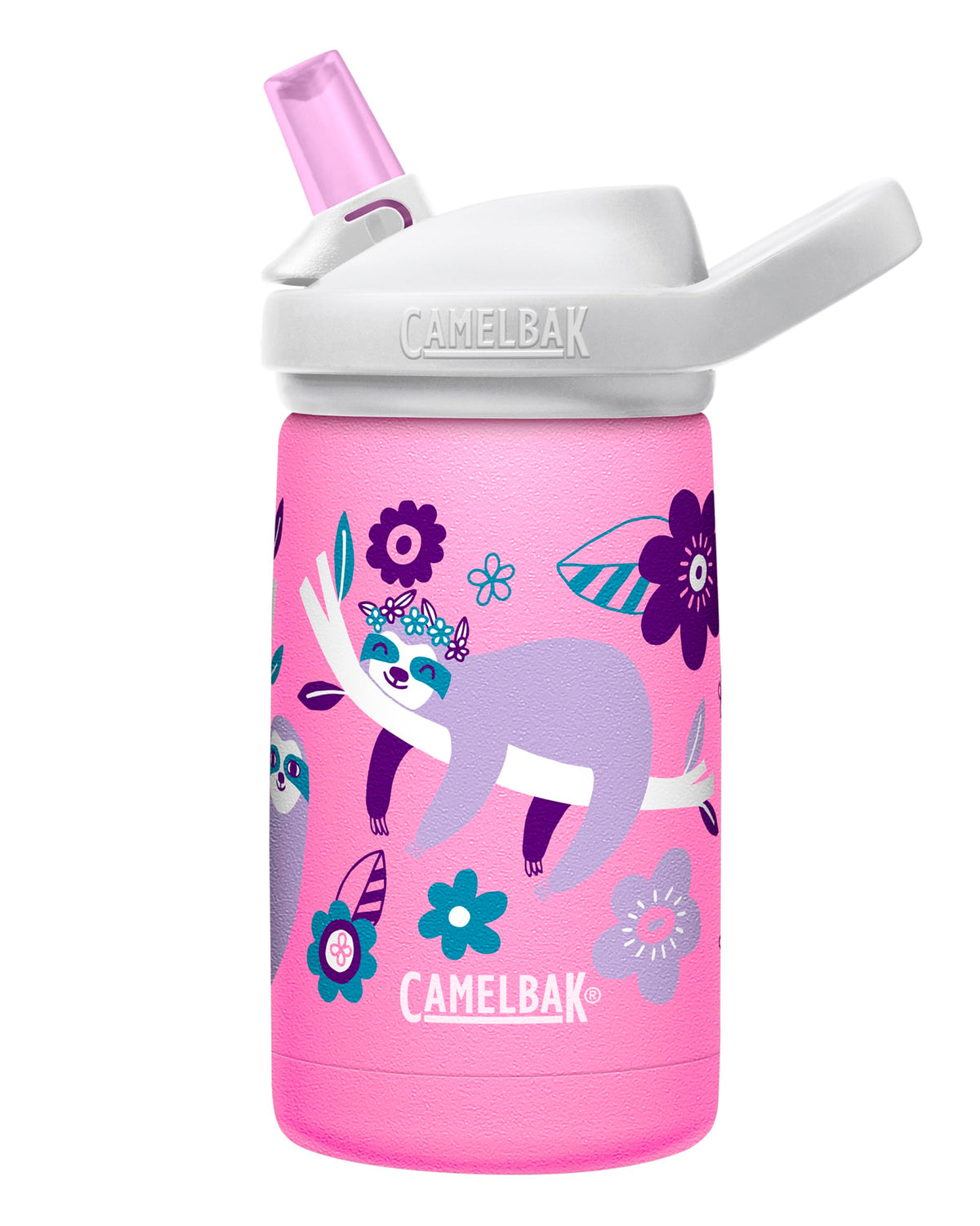 CamelBak Eddy+ Kids bottle with Flowerchild Sloth design, front view for on-the-go hydration.