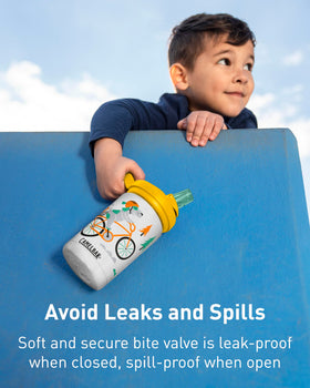 Leak-proof lid open on CamelBak Eddy+ Kids bottle to prevent spills.