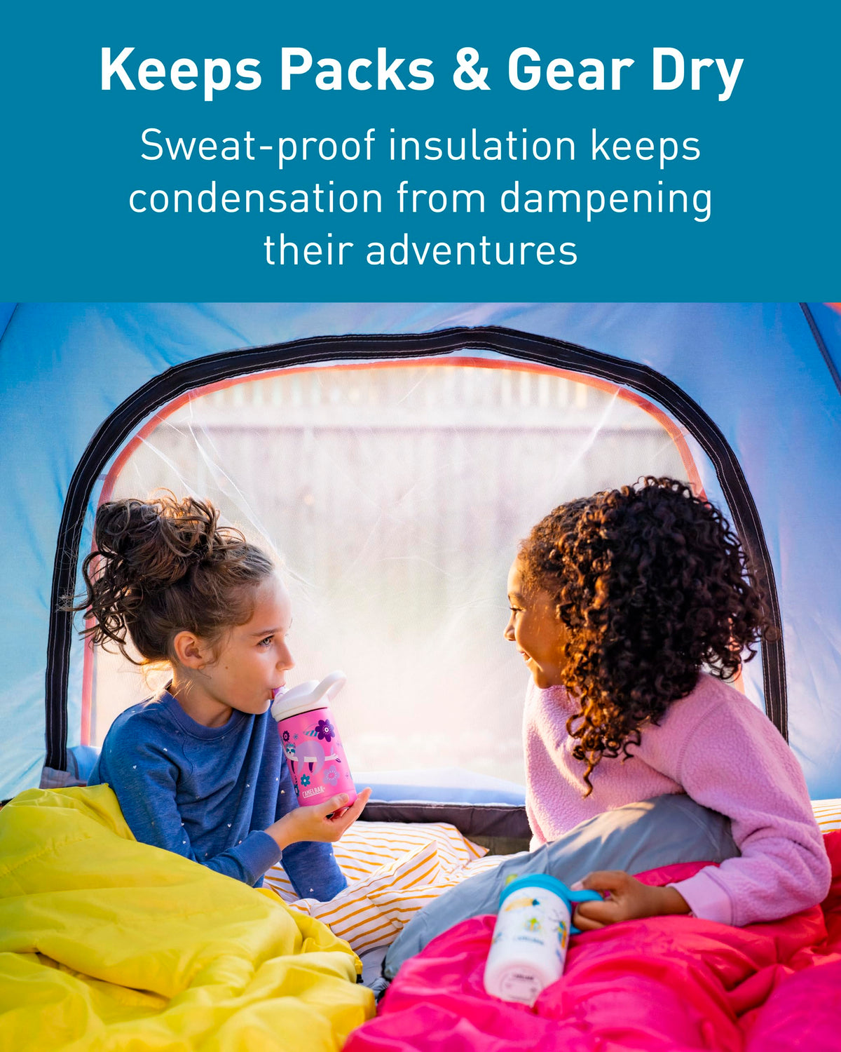 CamelBak Eddy+ Kids bottle seal keeps bags dry with a leak-proof lid