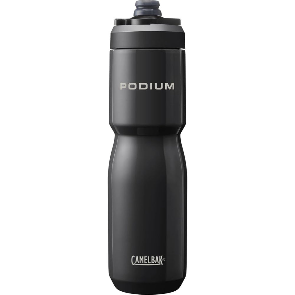 CamelBak Podium Steel bottle front view highlighting rugged stainless steel for cold hydration