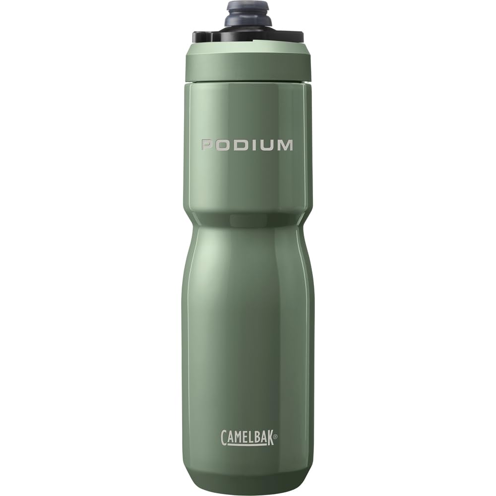 CamelBak Podium Steel Moss bottle, side view, keeps drinks secure on long rides.