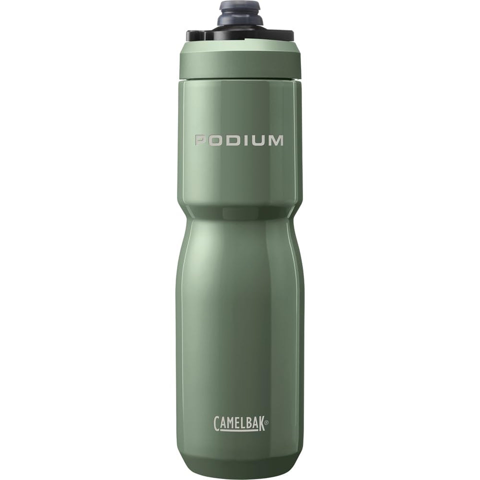 CamelBak Podium Steel Moss bottle, side view, keeps drinks secure on long rides.