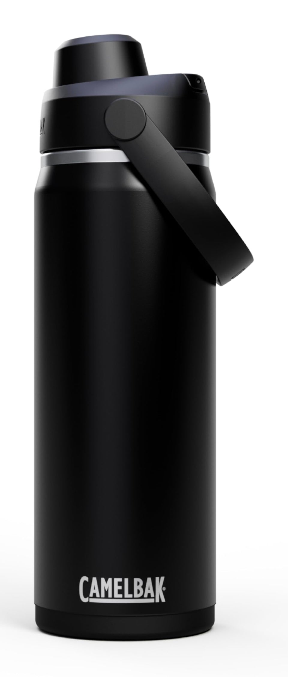 CamelBak Thrive Chug insulated bottle top view shows a sleek black 20oz design for on-the-go hydration