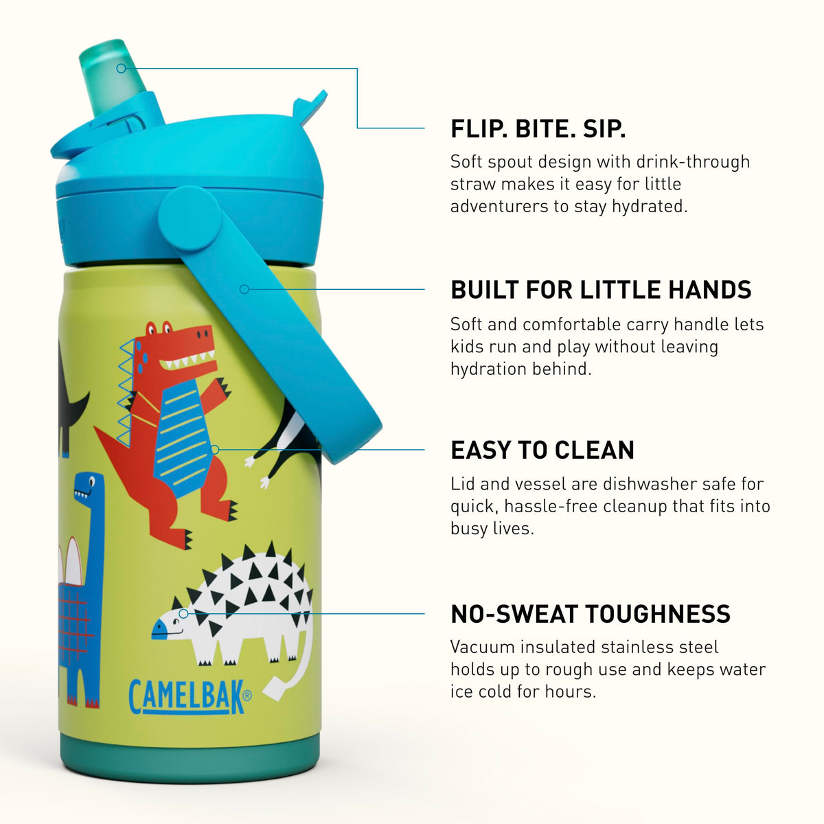 CamelBak Thrive Dino Jam bottle side view with vibrant colors
