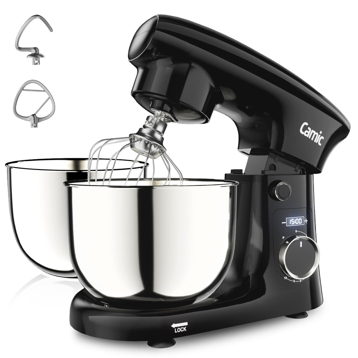 Camic stand mixer with two nested bowls for efficient kitchen storage