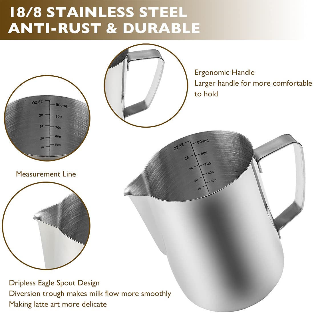 Camkyde inside measurements up to 900 mL for accurate dosing while steaming milk