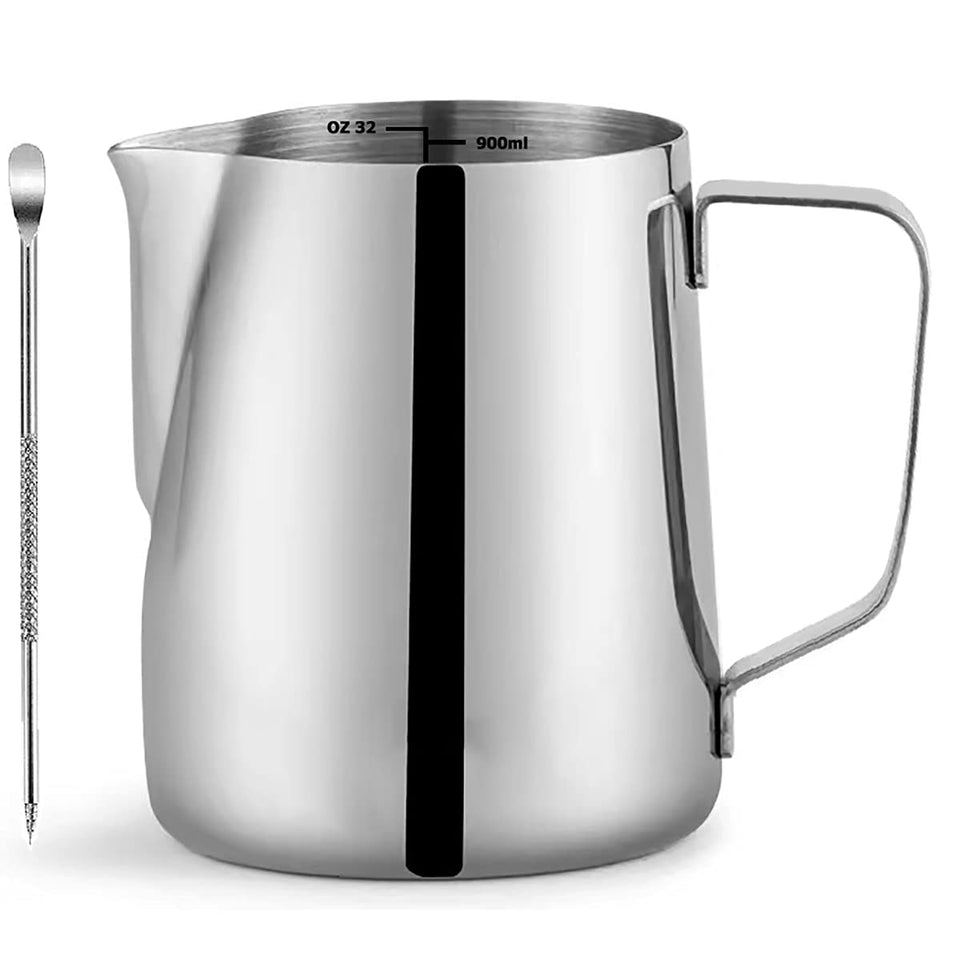 Camkyde 32oz stainless milk frothing pitcher with a silver finish for smooth latte art