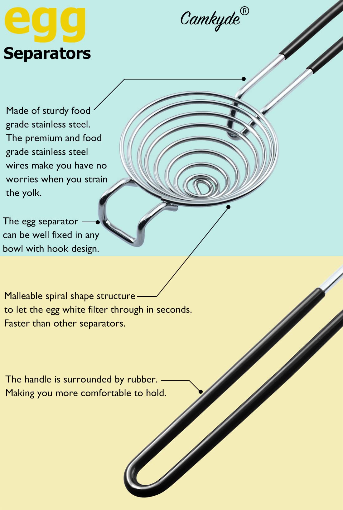CAMKYDE stainless steel yolk separator is durable and rust-proof.