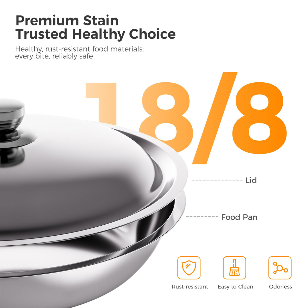 CAMMOO 18-8 stainless steel pan highlighting durable construction for catering