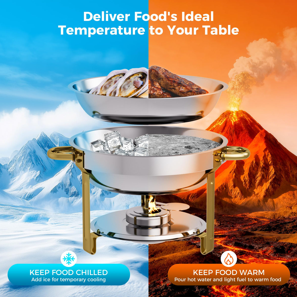 CAMMOO Gold chafing dish heavy base provides improved stability during service.