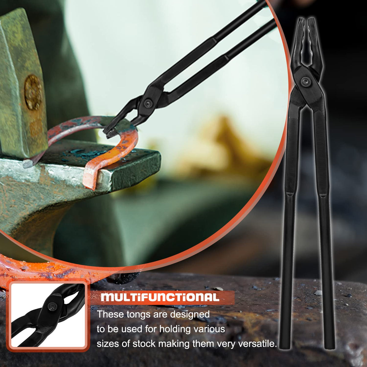 Camoo Wolf Jaw tongs hold round and square stock with confidence
