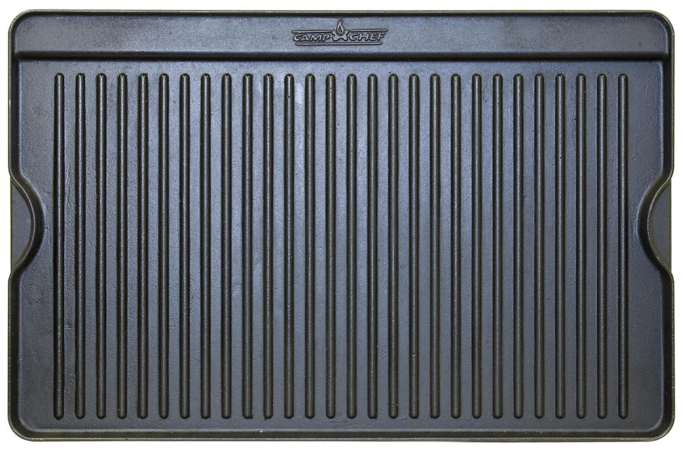 Camp Chef cast iron griddle 16x24, reversible surface for versatile cooking and even searing.