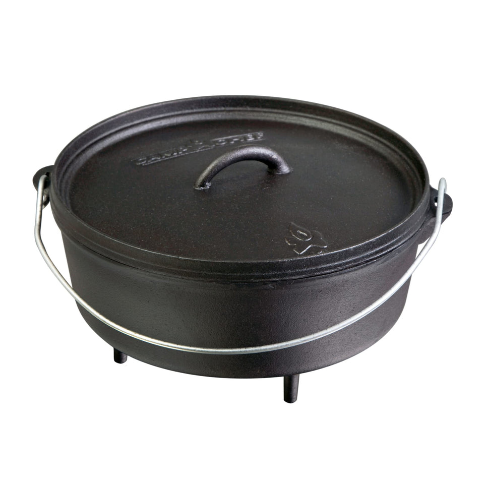 Camp Chef SDO10 Dutch Oven lid close-up showing versatile cooking setup