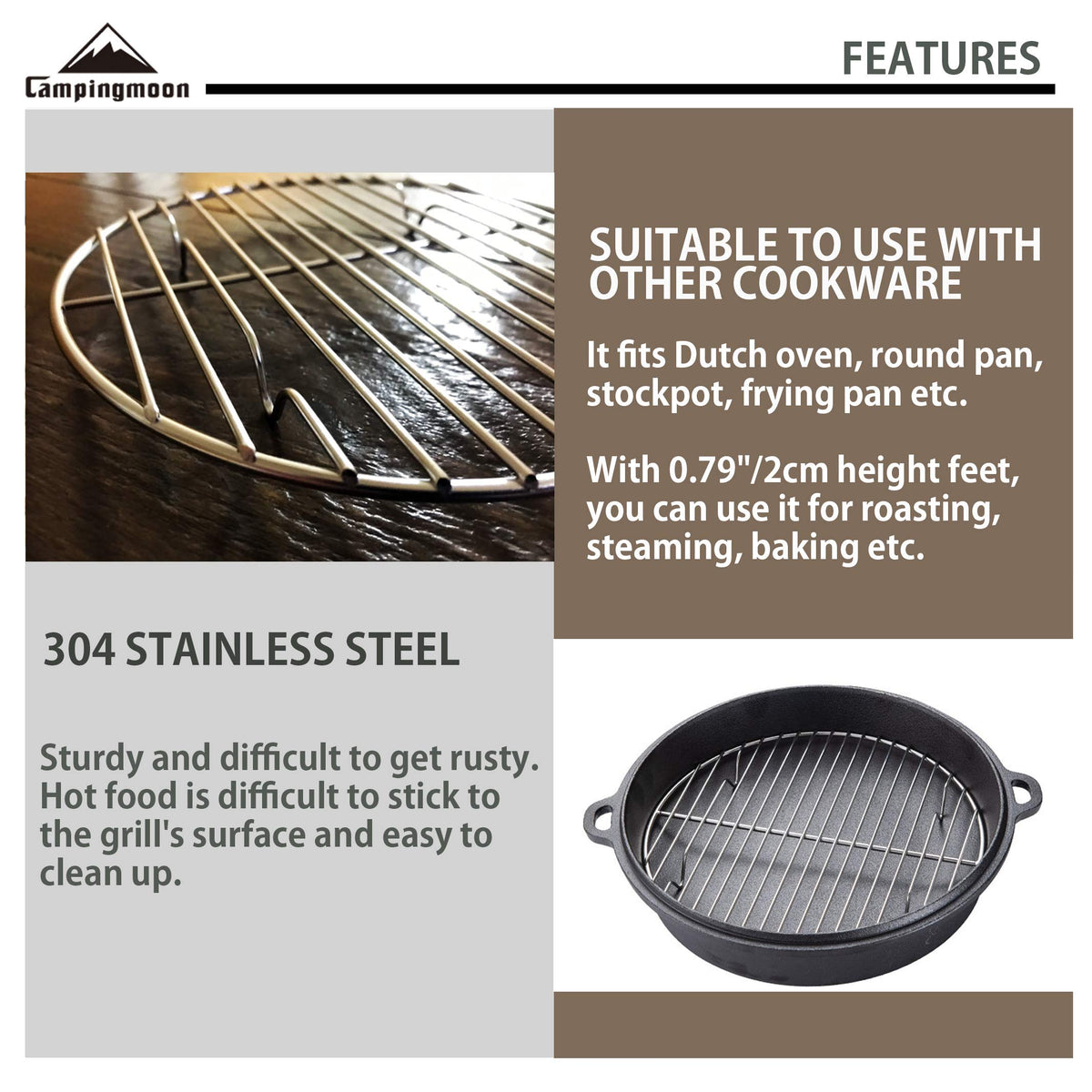 Camping Moon cooling rack with 2 cm height improves air flow.