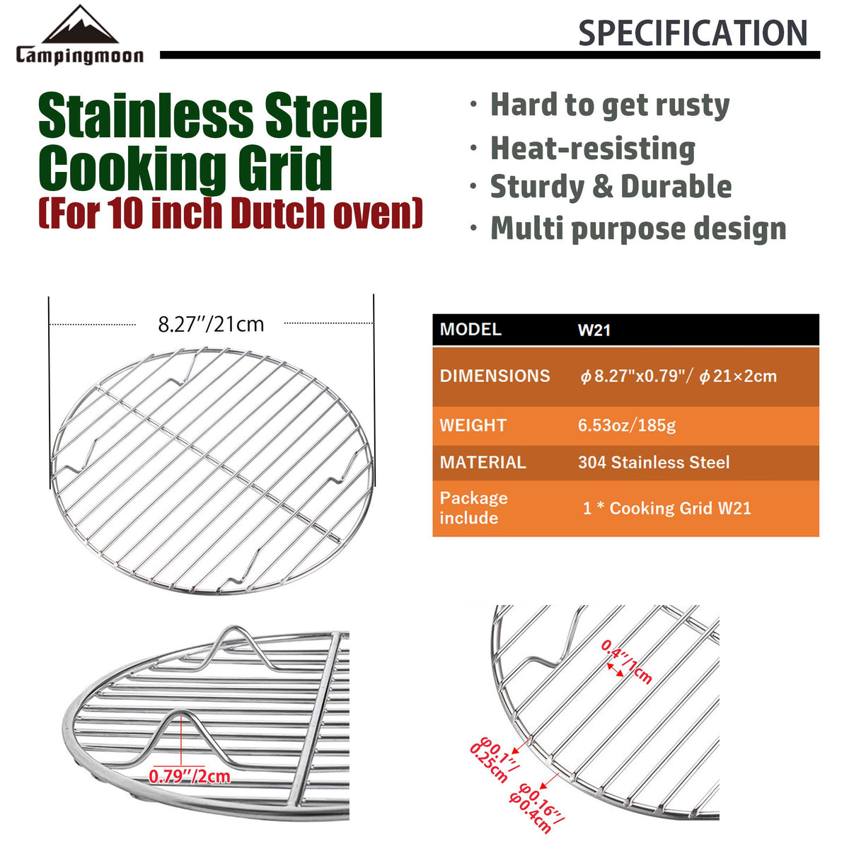 Camping Moon 304 stainless steel grid resists rust and cleans easily.