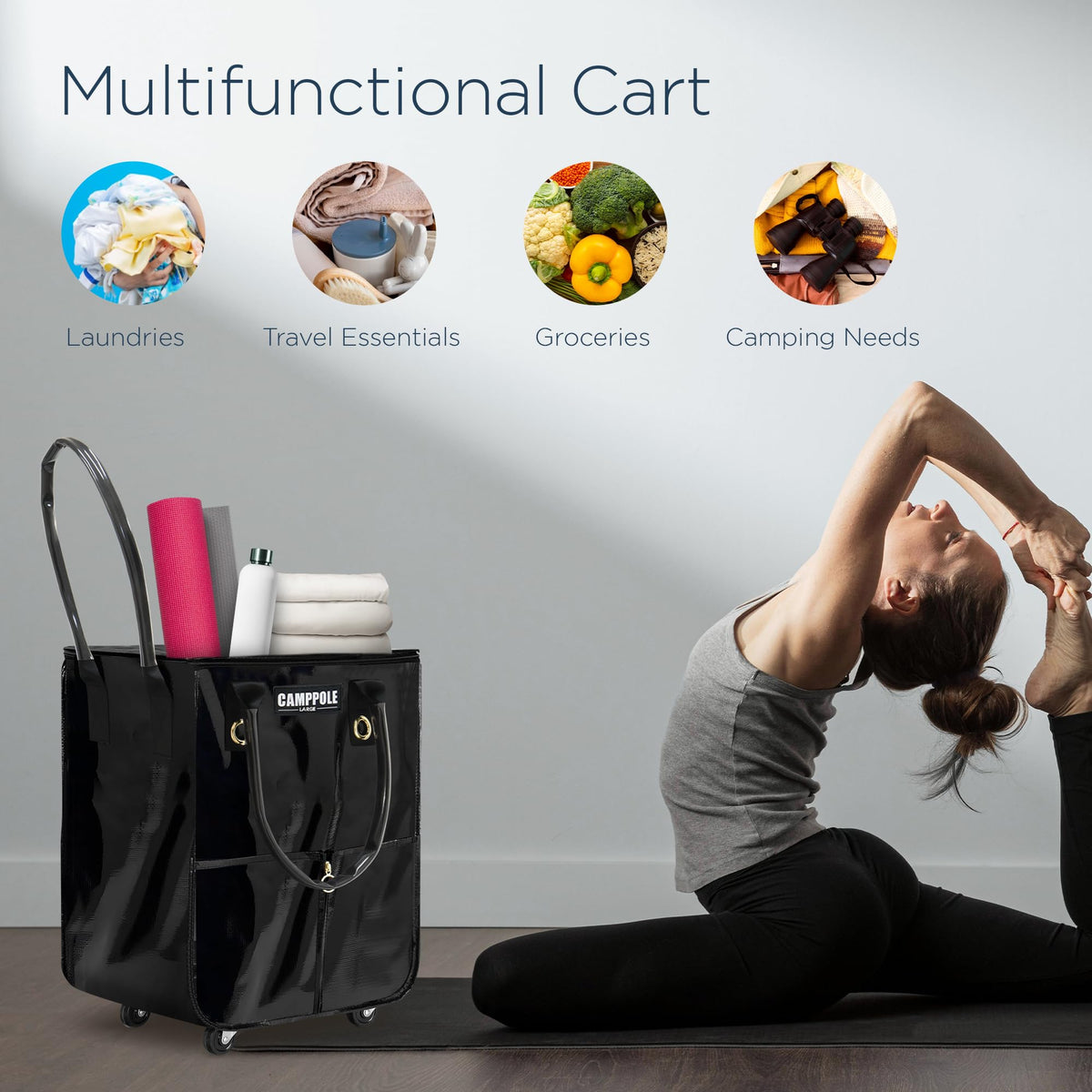CampPole 360-degree wheels enable effortless maneuvering through tight aisles.