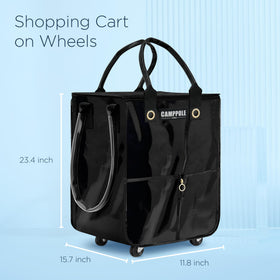 CampPole foldable grocery bag on wheels stores compactly in your car.