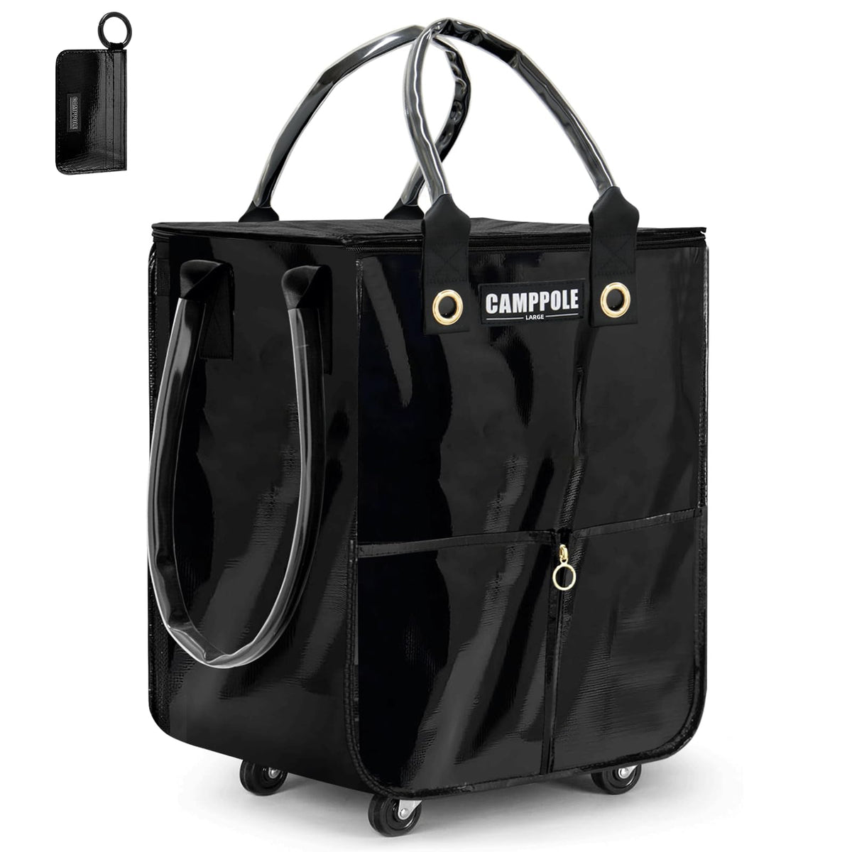CampPole shopping cart on wheels with card holder glides smoothly for groceries.