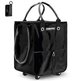 CampPole shopping cart on wheels with card holder glides smoothly for groceries.