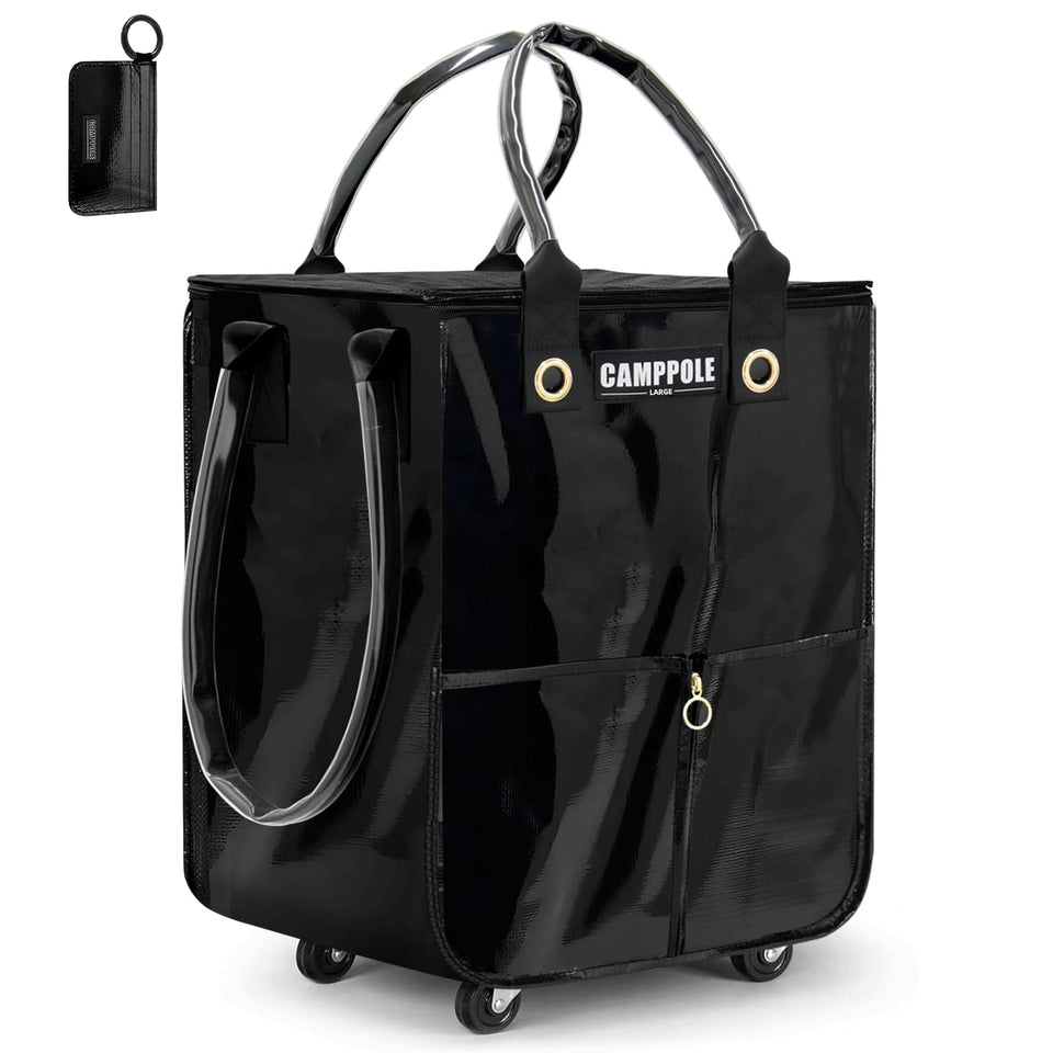CampPole shopping cart on wheels with card holder glides smoothly for groceries.