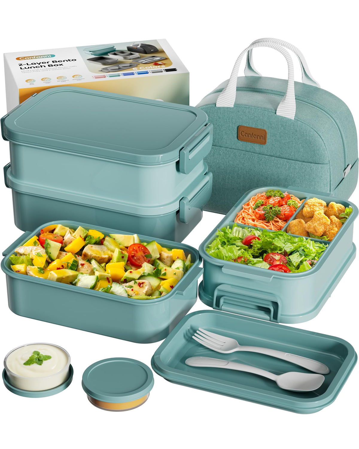 Canfanni Bento Box mint green lid showing brand style and compact design for meals on the go
