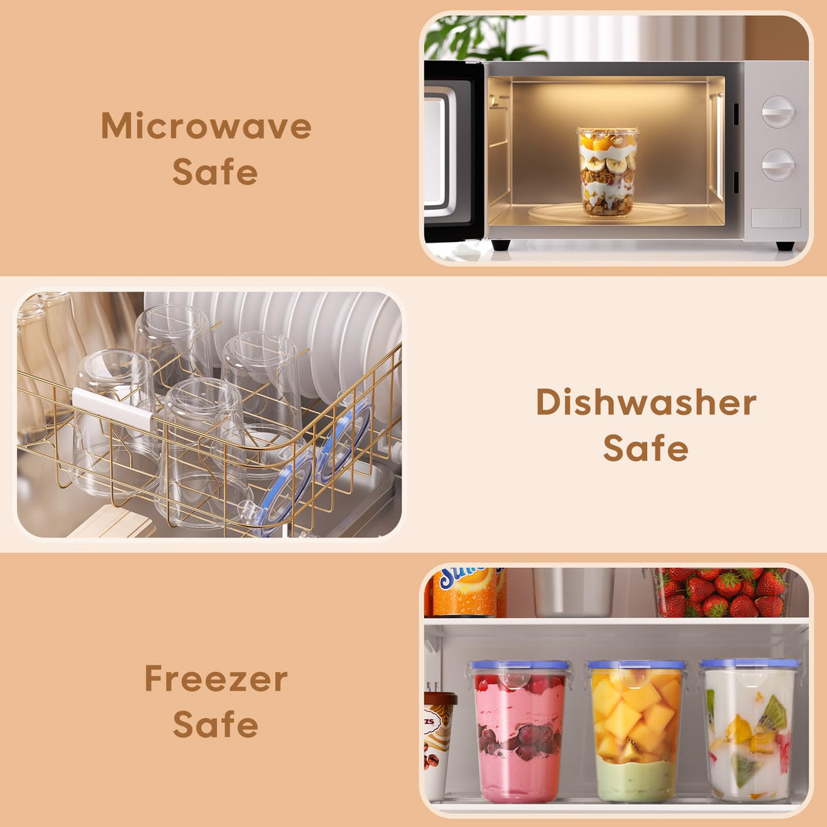 Canfanni BPA-free plastic storage for freezer, microwave, and dishwasher safe.