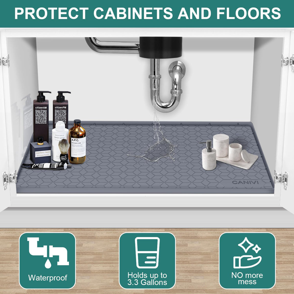CANIVI multi-function mat doubles as bathroom vanity protector and plant tray.