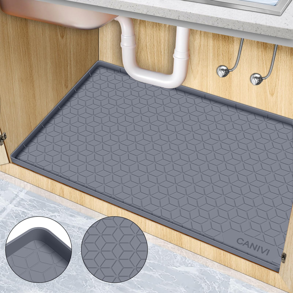CANIVI under-sink mat 34x22 in grey protects cabinet surfaces from leaks.