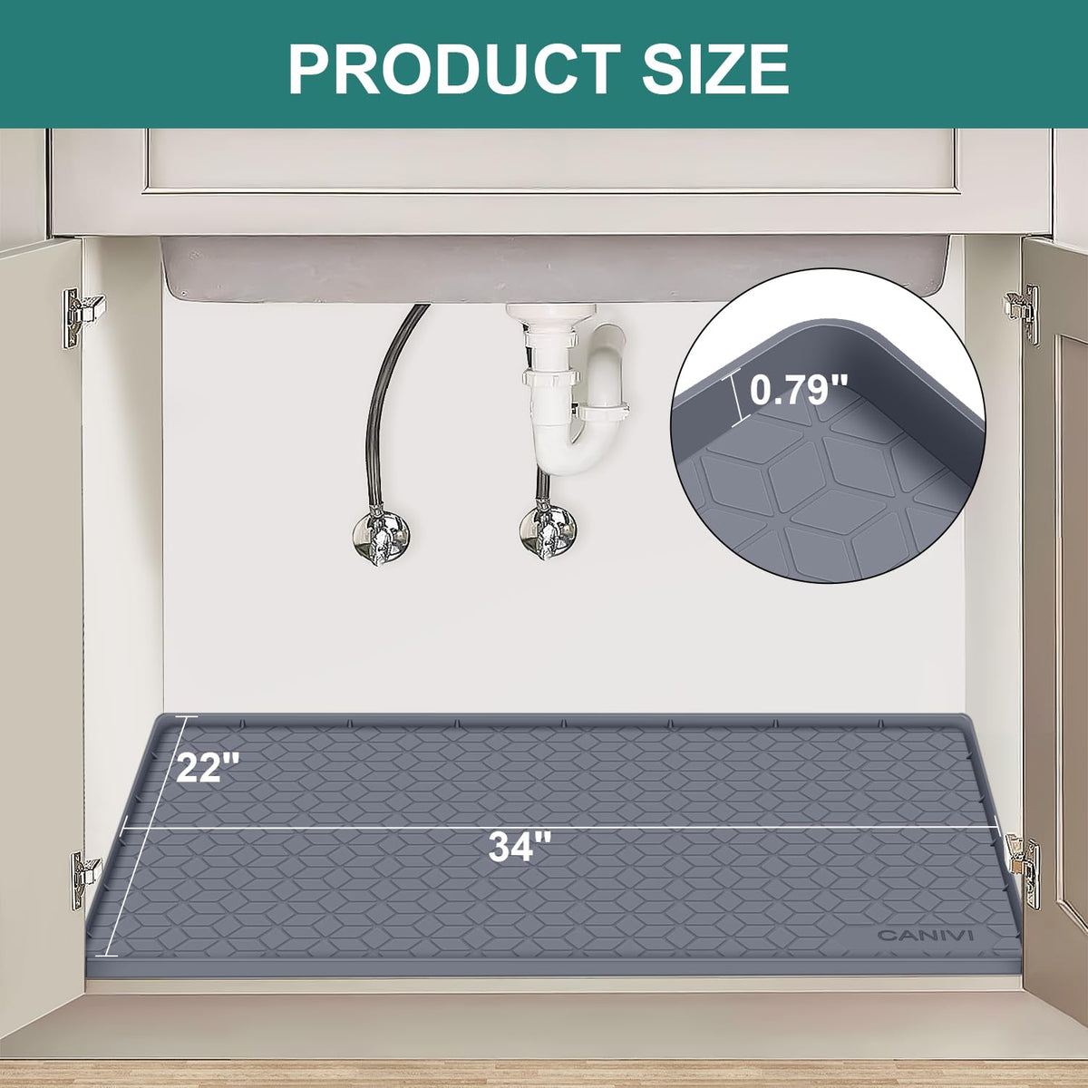 CANIVI waterproof silicone tray with raised walls contains spills inside kitchen cabinets.