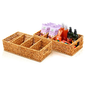 Cantalop rattan pantry organizer baskets 2-pack on shelf for clutter-free storage.