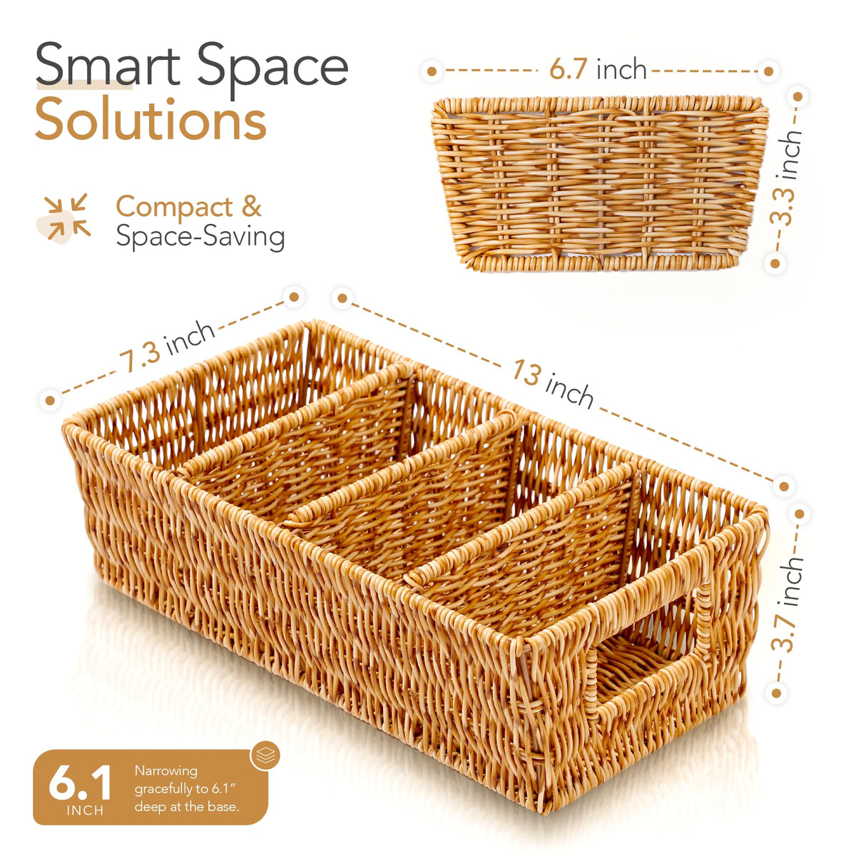 Cantalop rattan pantry organizer with three removable dividers for flexible snacks and tea.