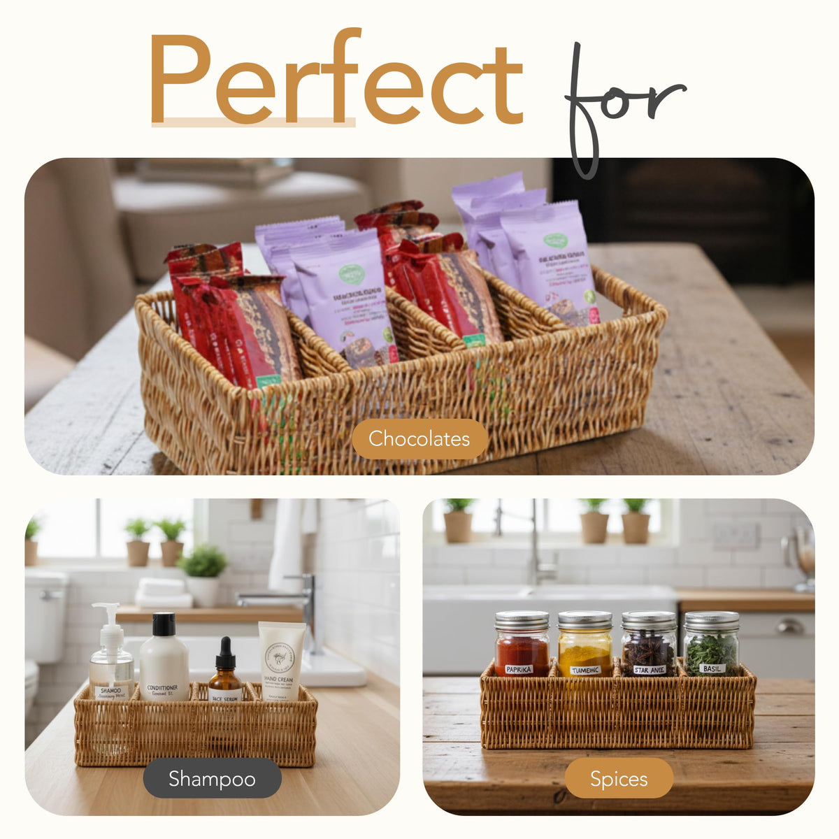 Cantalop rattan pantry organizer kitchen pantry setup for snacks and coffee pods.