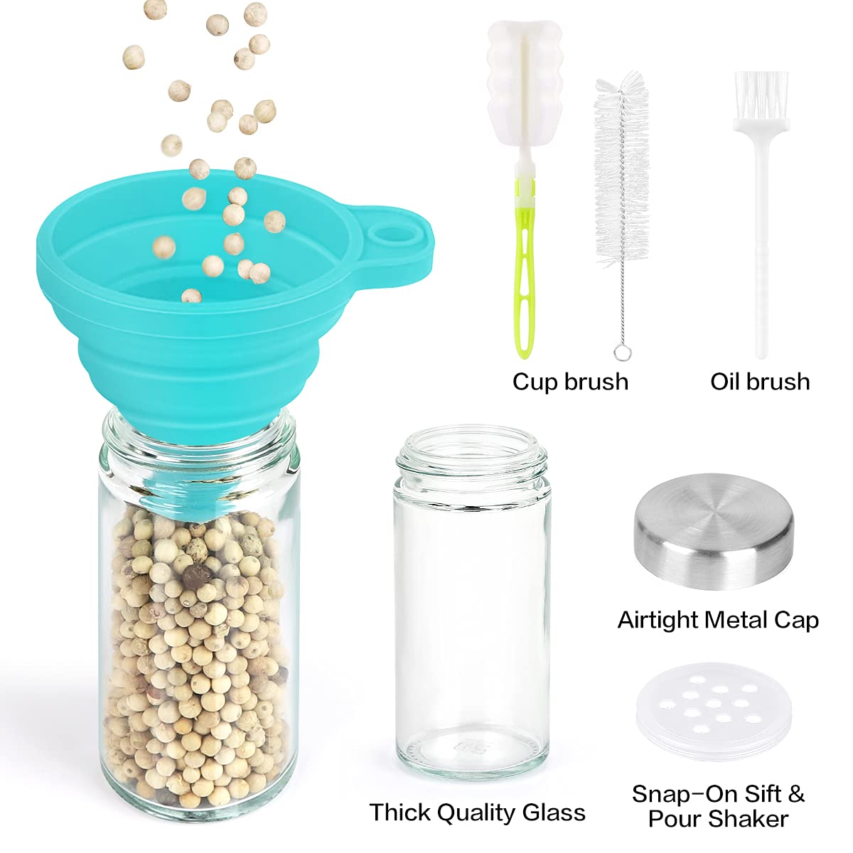 Cantami silicone funnel enables mess-free spice transfer.