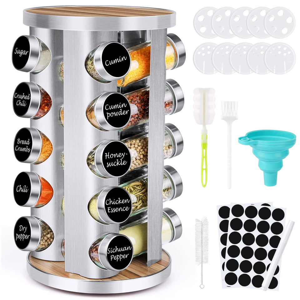 Cantami spice rack rotating 360 degrees for easy access to jars.