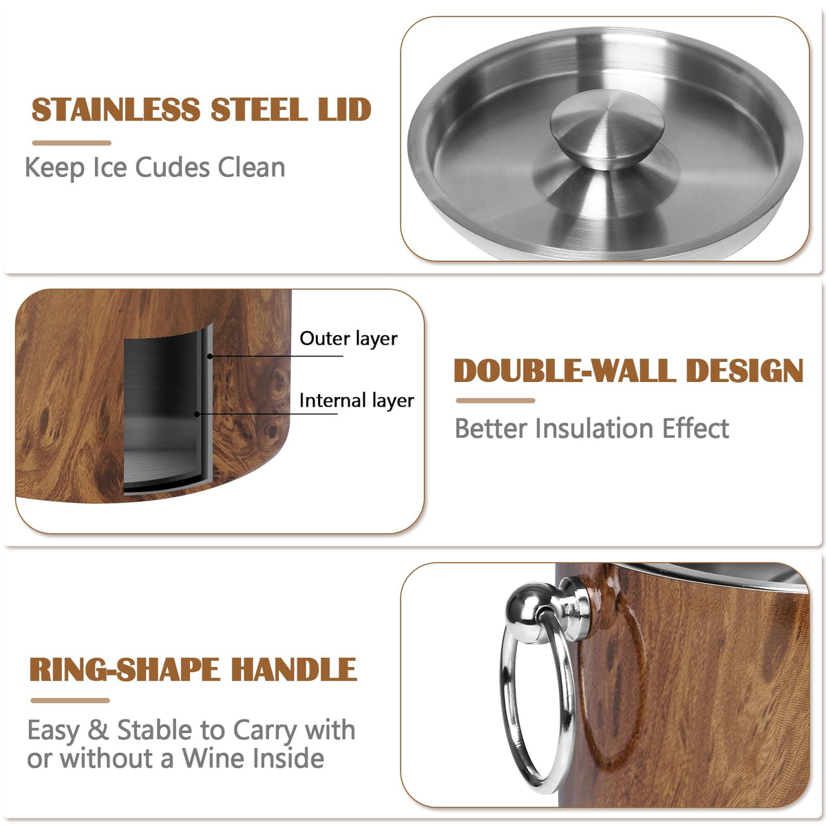 CAOANTRY teakwood ice bucket with ring handle easy transport