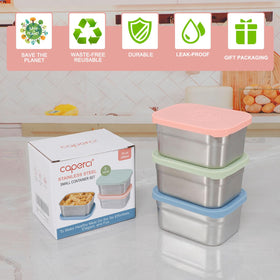 Caperci 18/8 stainless steel storage with BPA-free silicone lids.