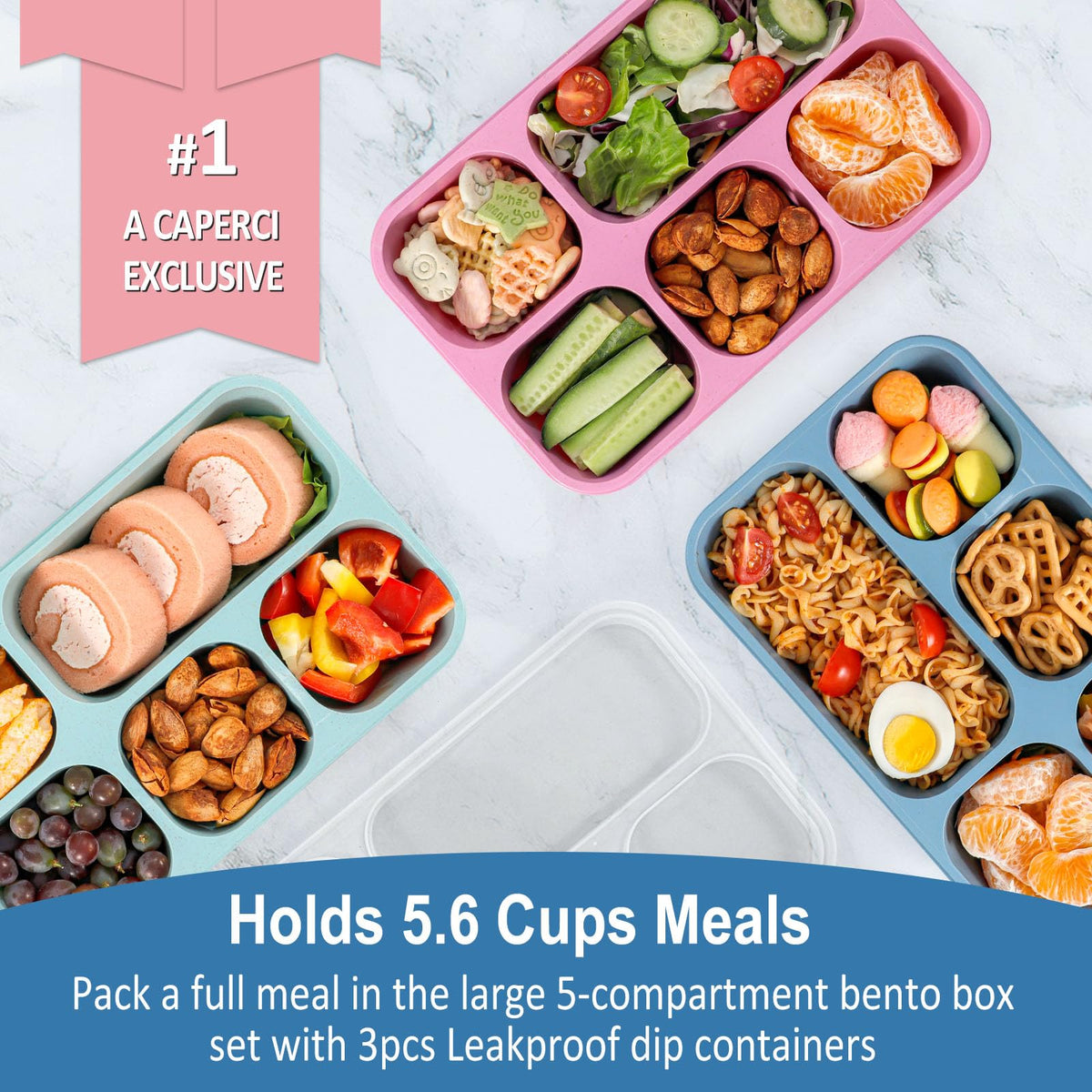 Caperci Bento Box includes three dressing cups with leak-proof lids