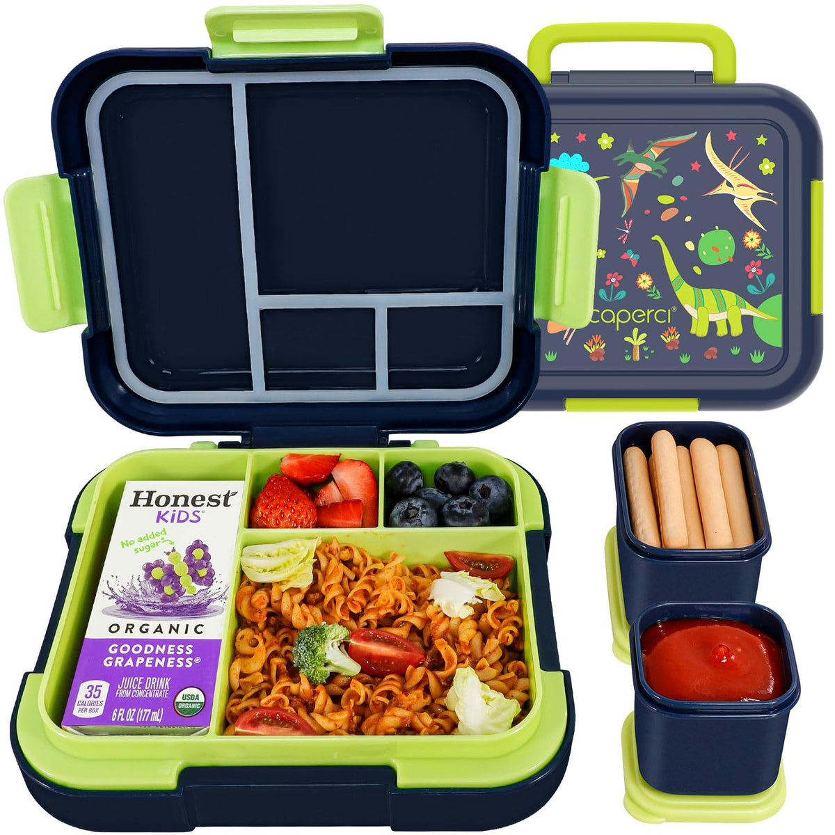 Caperci dinosaur Bento Box top view shows spacious compartments and easy-carry handle.