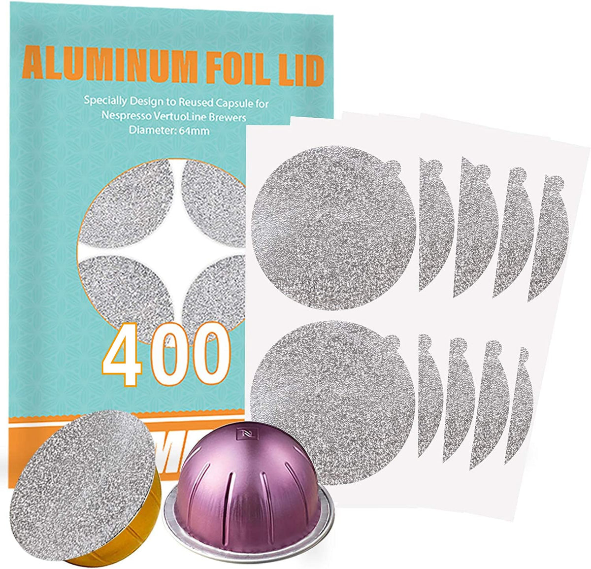 CAPMESSO VertuoLine foil lids close-up for reusable coffee capsules