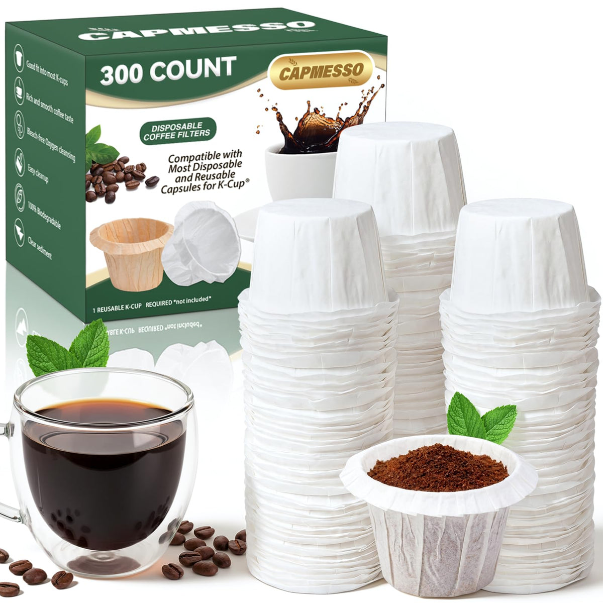 CAPMESSO disposable coffee filters Keurig-compatible 300-count pack for quick, mess-free brews.
