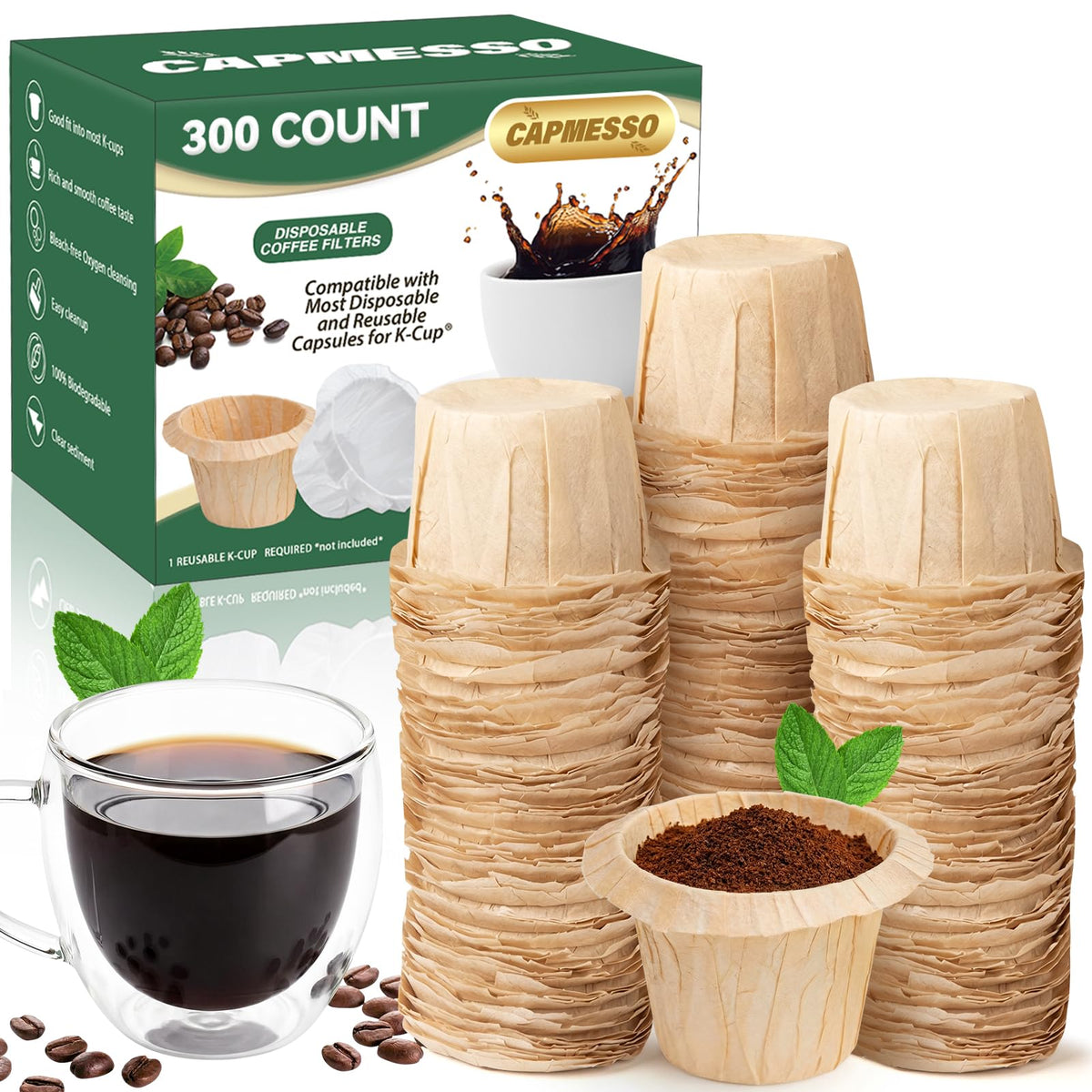 CAPMESSO natural disposable filter close-up showing pack for quick, clean brews.