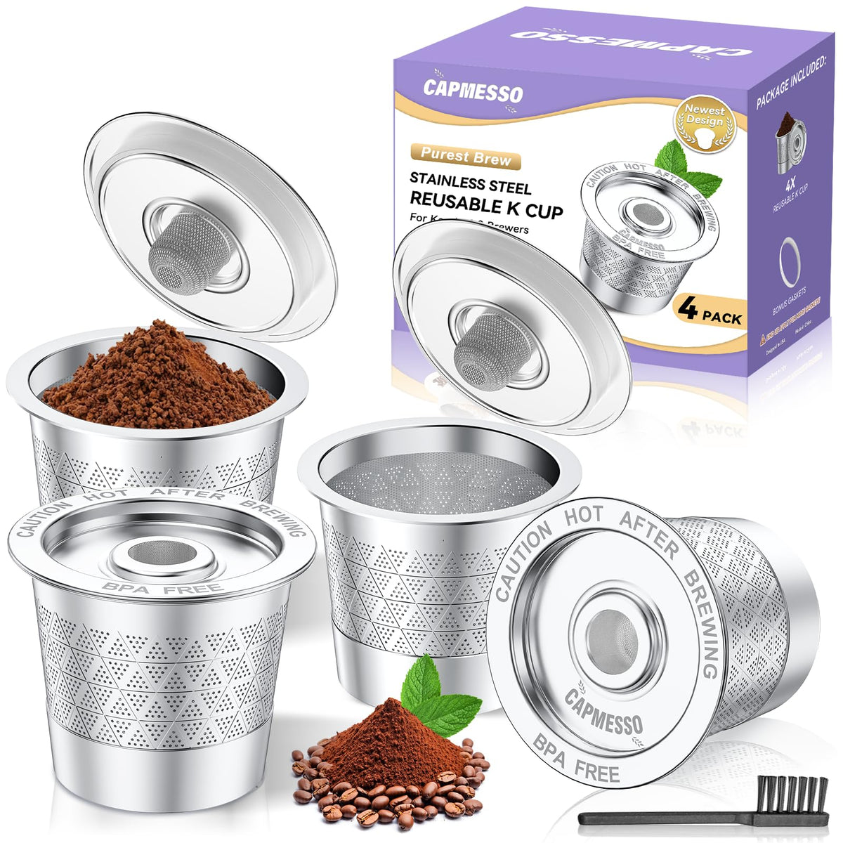 CAPMESSO stainless steel reusable K-Cup with 360° spray for richer Keurig brews.