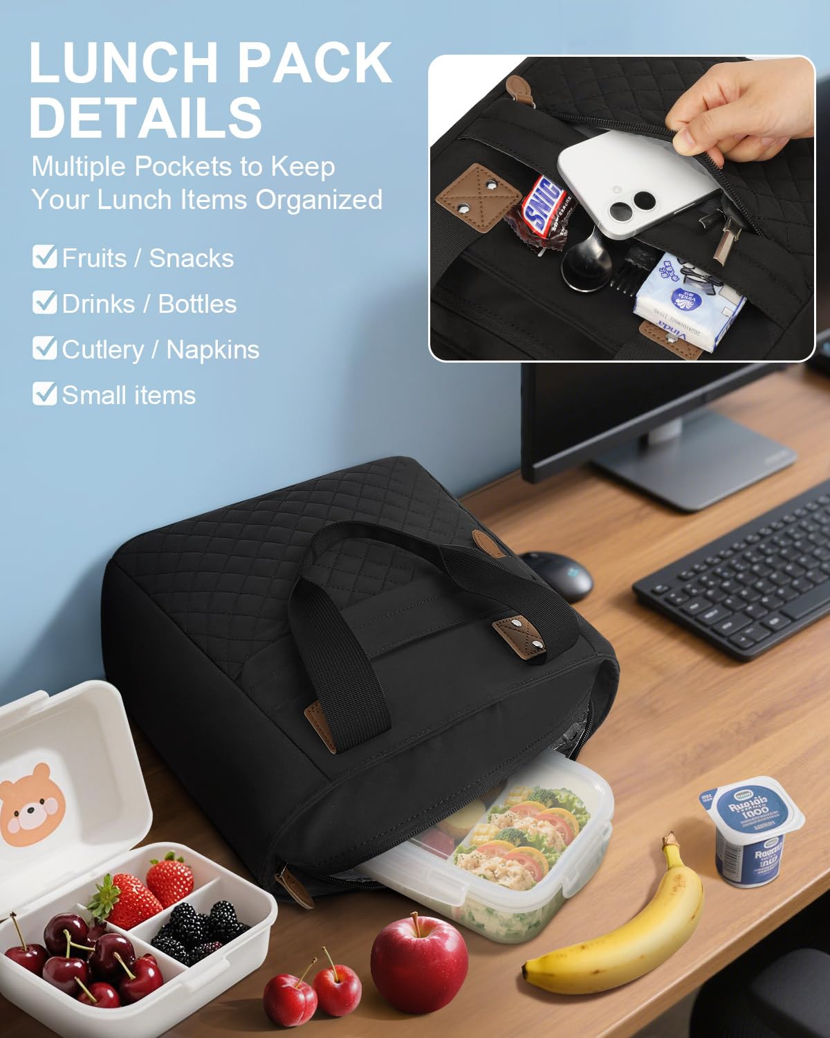 Capolo lunch bag showing two front pockets for utensils and snacks