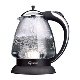 Capresso 259 water kettle in polished chrome on countertop for fast heating