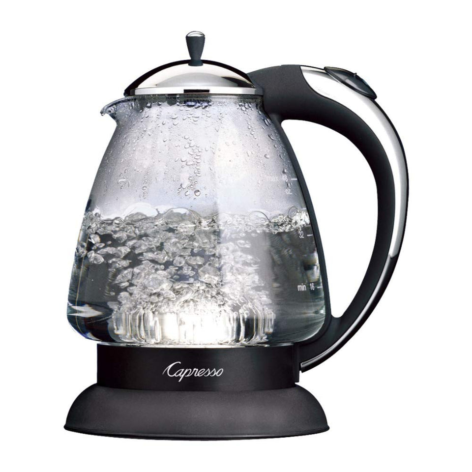 Capresso 259 water kettle in polished chrome on countertop for fast heating