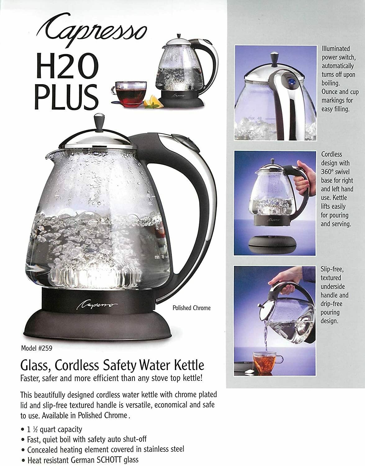 Capresso 259 water kettle featuring boil-dry protection and auto shut-off
