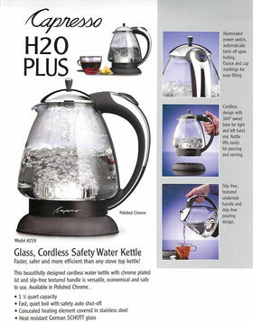 Capresso 259 water kettle featuring boil-dry protection and auto shut-off